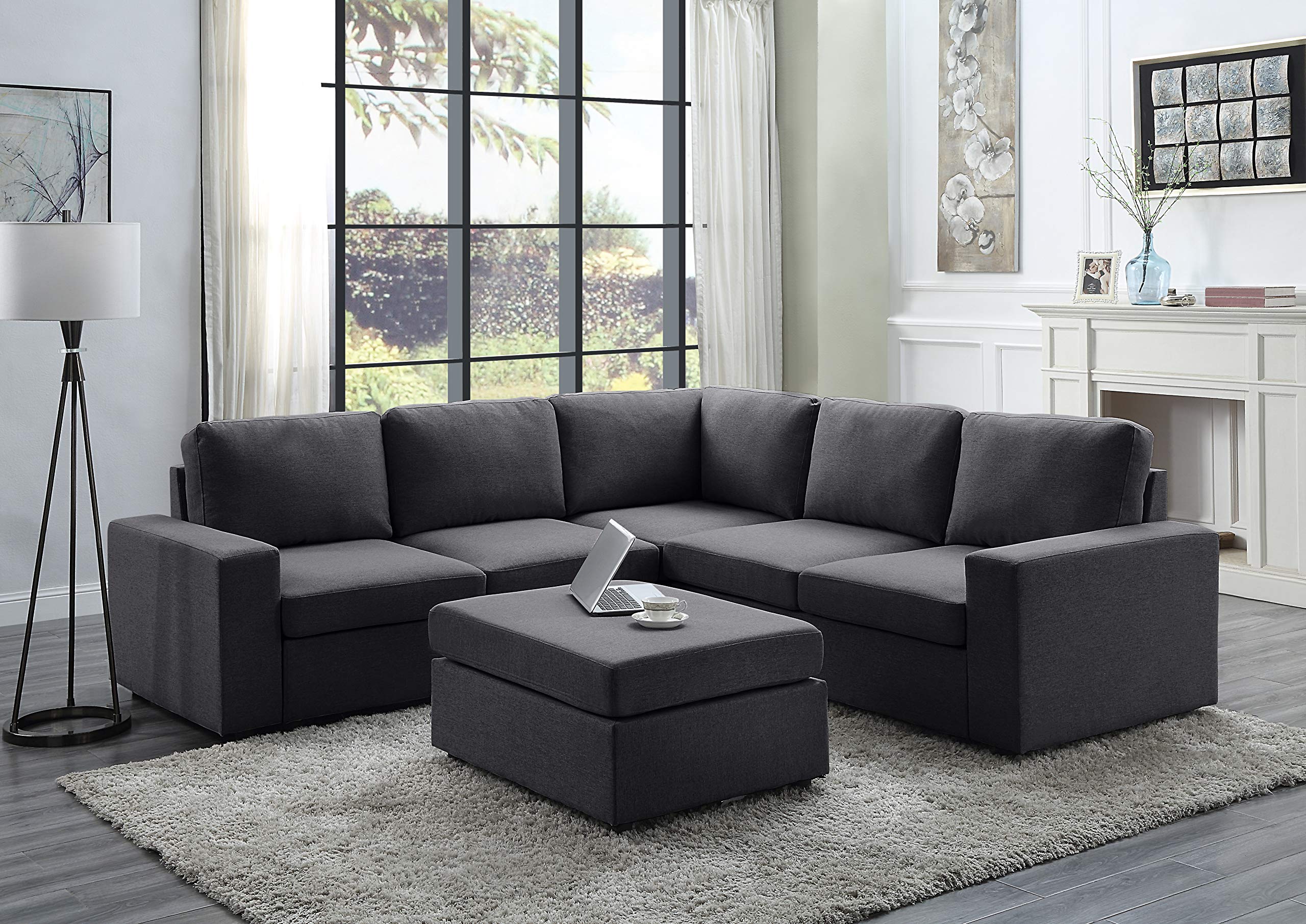 Lilola Home Decker Sectional Sofa with Ottoman in Dark Gray Linen